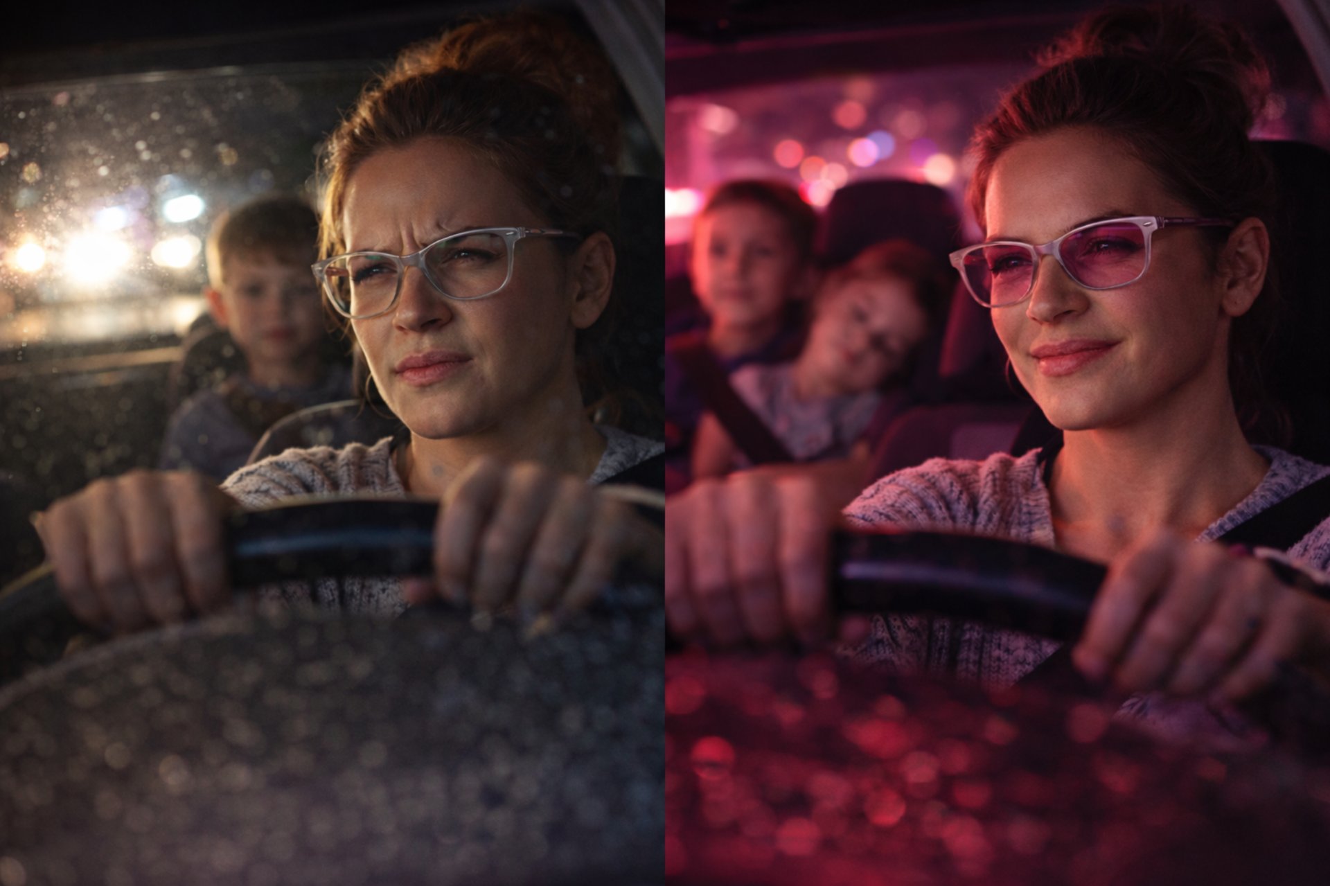 Mom driving at night with kids in the back seat, before and after NightVu