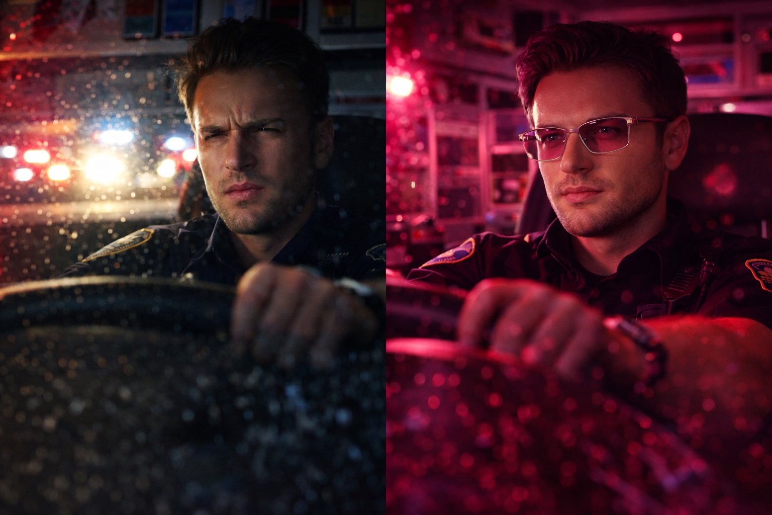 Police officer driving at night, before and after NightVu
