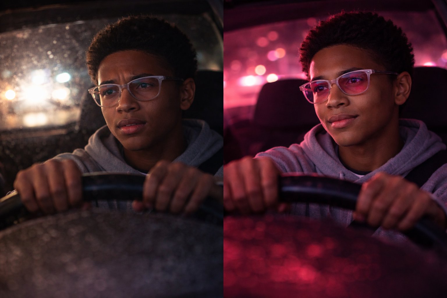 Teen driver at night, before and after NightVu